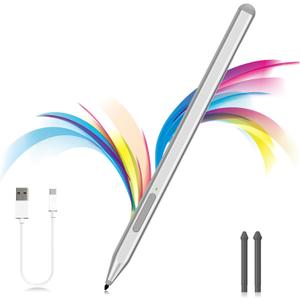 Stylus Pen for Microsoft Surface Pro11/10/9/8/X/7+/6/5/4/3, Surface Go 4/3/2/1, Surface Laptop1-6/Studio/Book 3/2/1 with Eraser Side Button,Palm Rejection,Tilt Function,1024 Pressure (Silver)