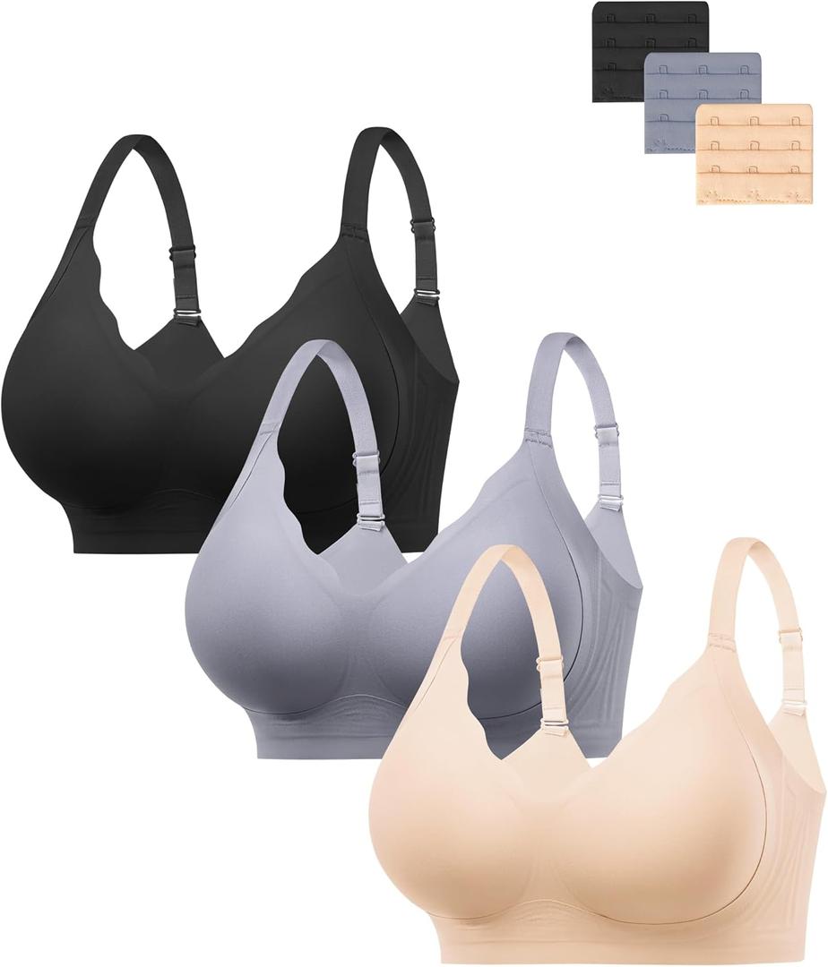 HBselect Jelly Bras for Women No Underwire 3PCS Comfort Wireless Push Up Bras Seamless Scalloped Lift Everyday Bralettes,  Black/Blue/Skin, X-Large