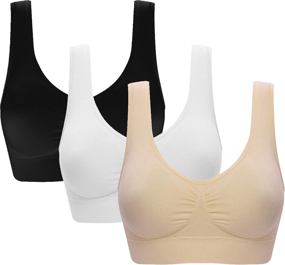 Vermilion Bird Women's 3 Pack Seamless Comfortable Sports Bra with Removable Pads M/ Shirt Size 6, 8 Black &White &Nude