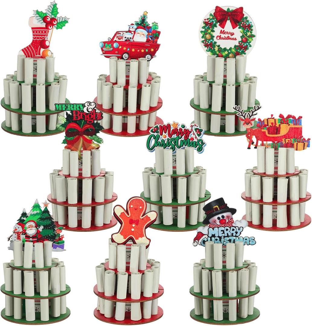 Dandat 9 Pcs Christmas Money Holder Wooden Multi Layer Cash Cake with 20 Holes Colorful Christmas Card Holder Ornament Stand Snowman Deer Gingerbread Man Decorative Cake Top Xmas Cash Gift Table Decor