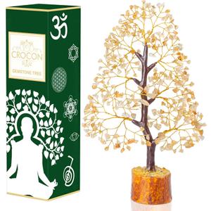 Crocon Citrine Gemstone Tree Feng Shui Figurine Money Bonsai Chakra Balancing Good Luck Prosperity Reiki Healing Crystals Decoration Ornament Sculpture Table Decor Gift Size 10-12" (Citrine (Golden Wire))