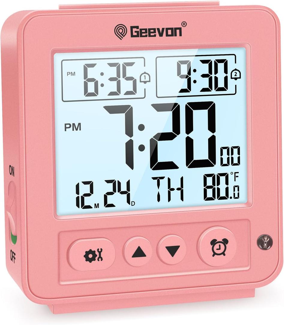Geevon Smart Night Light Small Digital Alarm Clock with 2 Increasing Beep Alarm, Indoor Temperature, Battery Operated Travel Clock for Bedroom, Bedside, Desk(Pink)