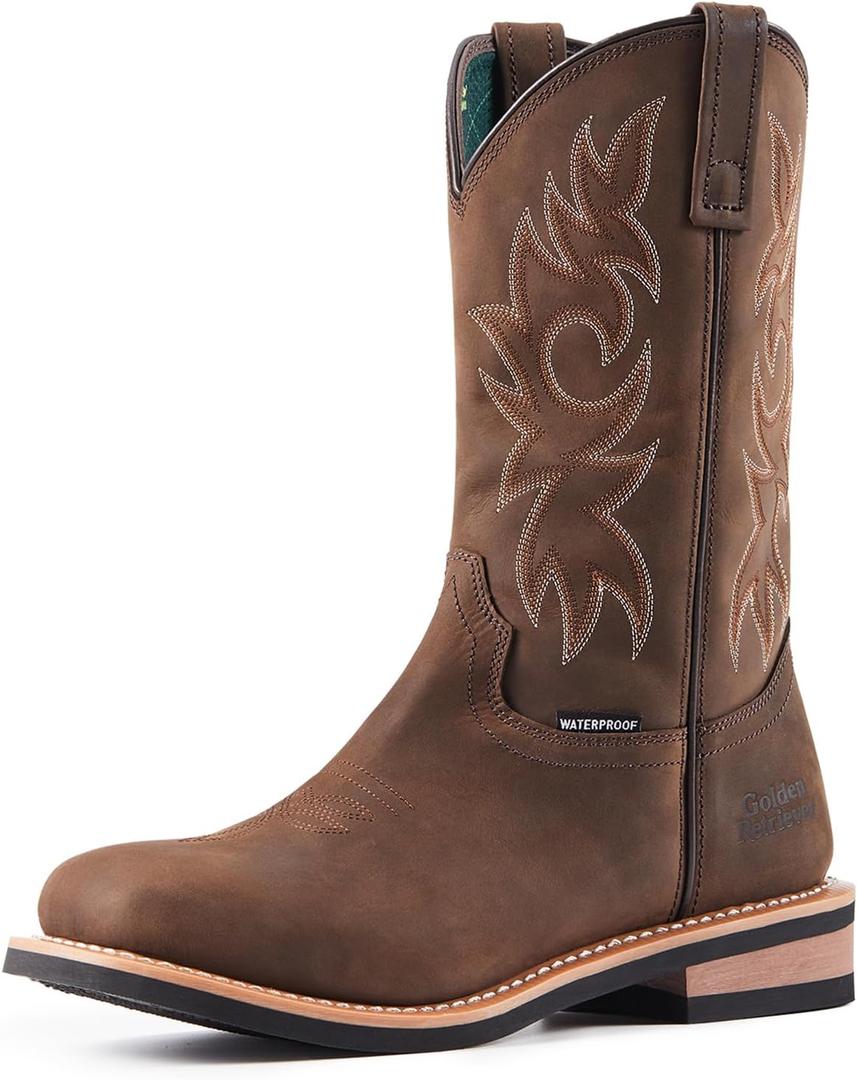 Golden Retriever 11” Men's Soft Toe Waterproof Cowboy Work Boots | Pull-On Esay Wear Design, Comfortable Cushioned Insole, Slip & Oil-Resistant Outsole, EH Rated Protection,Western Style 