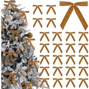 Ouddy Decor 24 Pcs Velvet Bows for Christmas Tree, Vintage Khaki Ribbon Bows Christmas Ornaments for Xmas Tree Wreath Garland DIY Craft Gift Wrapping Bags Home Decor (Khaki, 7" x 6", Width of 1")