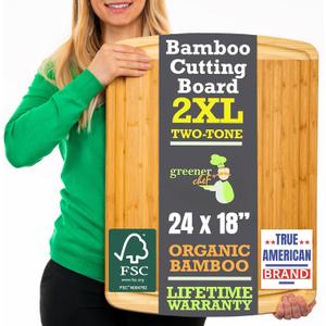 GREENER CHEF 24 Inch Bamboo Cutting Board with Lifetime Replacement - 2XL Extra Large Wooden Butcher Block for Kitchen, Stove Top, Meat, Vegetables, and Charcuterie with Deep Juice Grooves (Two-Tone)