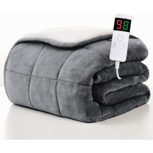 Homemate Heated Weighted Blanket for Adults - 50"x60" 10lbs Electric Throw Fast Heating Heavy Blanket 1/2/4/6/8 Hour Auto Off 10 Heat Levels Over-Heat Protection Soft Flannel Sherpa (01 - Light Grey)