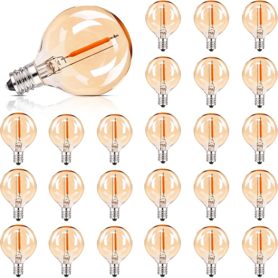 25Pack G40 Amber Glass LED Replacement Bulbs, 1W Equivalent 10W E12 Screw Base Shatterproof Globe Light Bulb for Indoor & Outdoor String Lights, 2200K Warm White