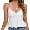 2 x LYANER Women's V Neck Elastic Waist Pleated Ruffle Hem Sleeveless Strappy Crop Cami Top (White, XL)
