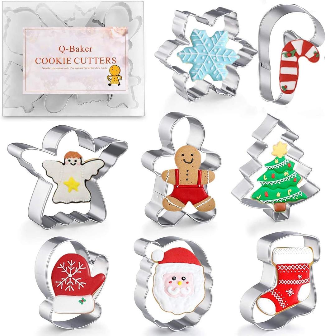 Christmas Cookie Cutters, 8Pcs Winter Holiday Cookie Cutter Set, Stainless Steel Metal Cutter with Gingerbread Men, Christmas Tree, Snowflake, Candy Cane, Angel, Santa Face, Stocking, Mitten