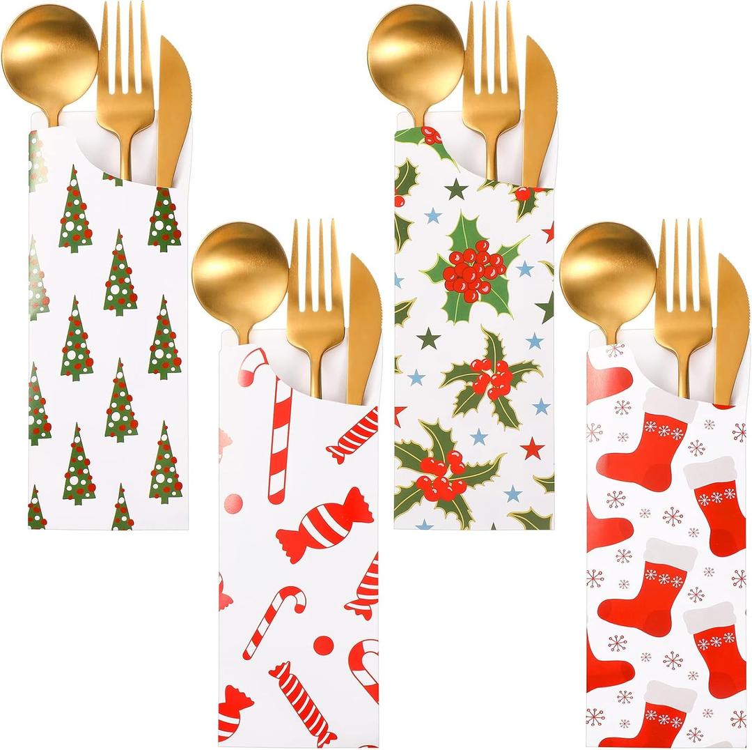 Containlol 100 Pieces Christmas Silverware Bags Disposable Utensil Holder Silverware Sleeves Kraft Paper Xmas Flatware Tableware Holder Bags for Christmas Party Table Decorations Supplies
