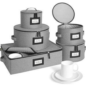 BALEINE China Storage Containers, Hard Shell Case for Organizing, Stackable Moving Storage Box with Felt Plate Dividers for Dishes, Glasses, Mugs (Plate Mug Combo) (Grey)