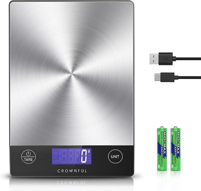 CROWNFUL Food Scale, 33lb Rechargeable 304 Stainless Steel Digital Kitchen Scale Weight Grams and Ounces with LCD Display and Type-C Charging for Meal Prep, Baking and Cooking