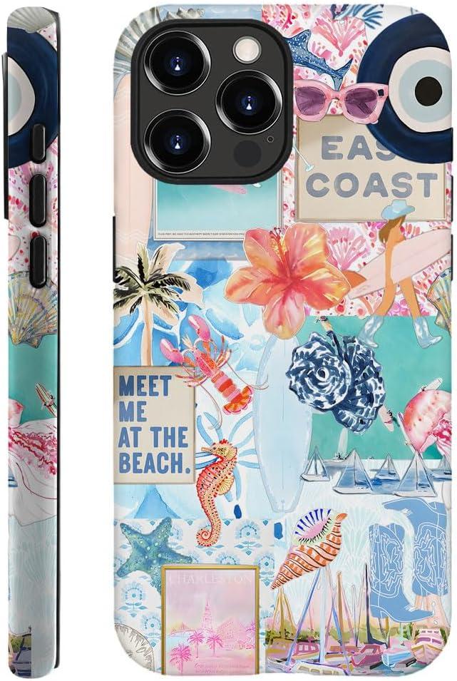 Generic Case Compatible with iPhone 16 Pro,Scratch Resistant Hybrid 2-Layer Hard Shell Phone Case,Seashells Beach Summer Jellyfish Collage