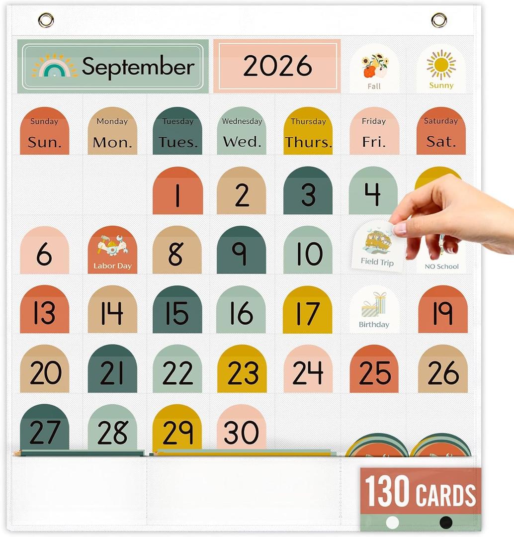 Classroom Monthly Calendar Pocket Chart for Kids Learning, 105 Cards Wall Boho Calendar and Weather, Teacher Supplies for Kindergarten Preschool Elementary Homeschool