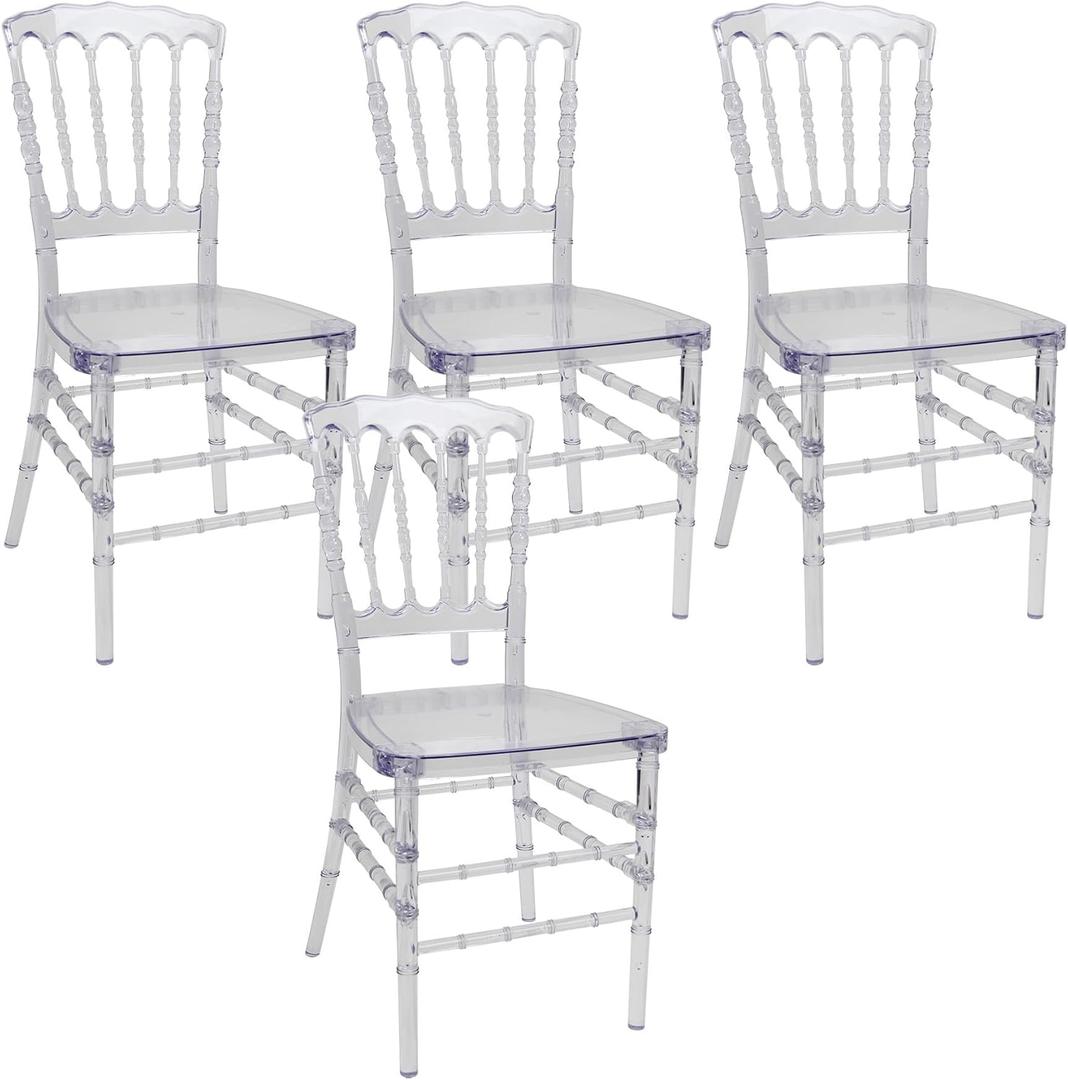 Fohfurniture Set of 4 Clear Crystal Acrylic Chairs, Transparent Stacking Chiavari Dining Chairs for Weddings, Banquets, Events (Napoleon, Clear) 
