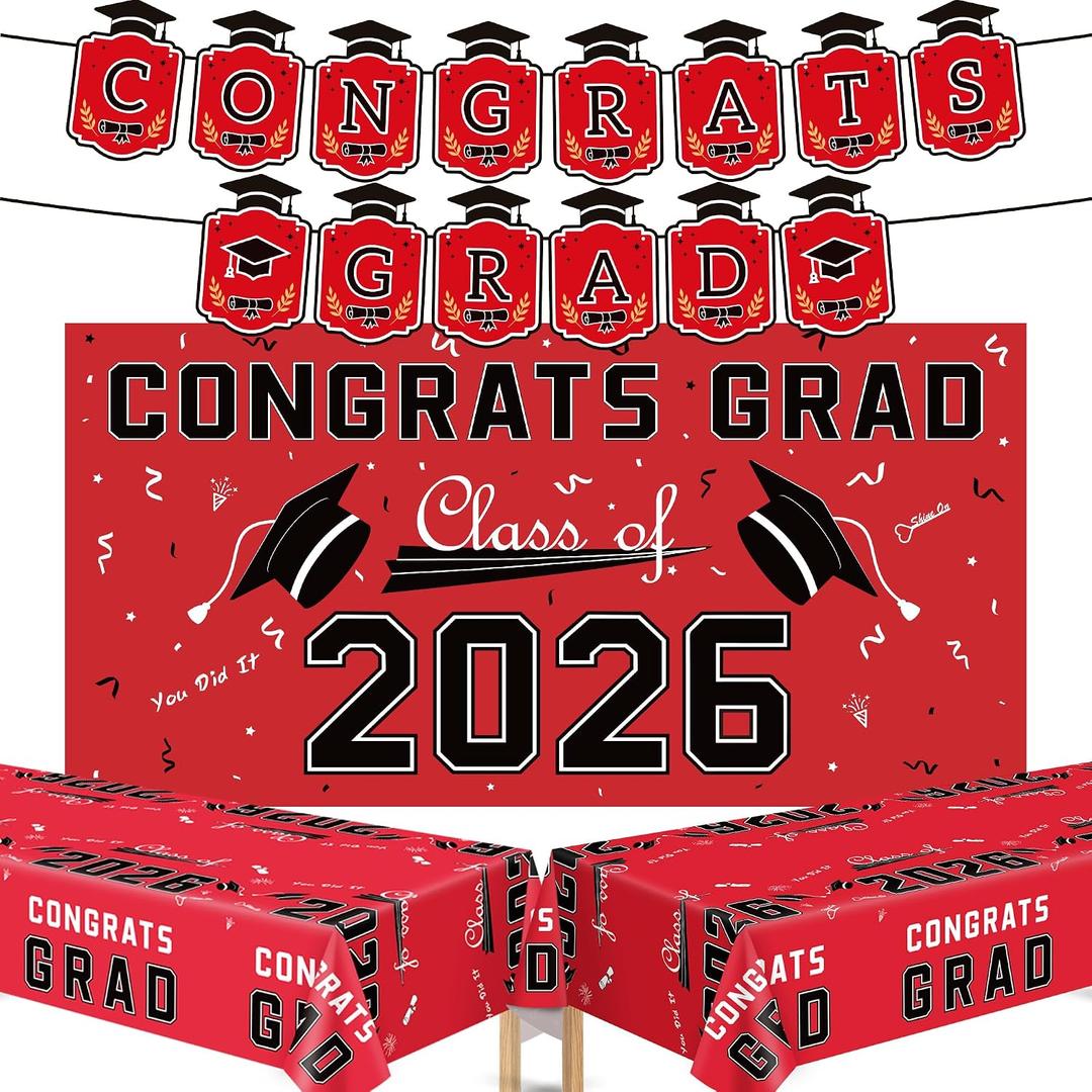 Graduation Decorations 2026 - Red Congrats Grad Banner Backdrop Tablecloth Set - Graduation Decorations Class of 2026 | Graduation Party Favors Supplies
