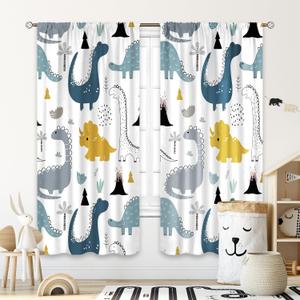 Cinbloo Kids Dinosaur Curtains 42Wx63L Inch Rod Pocket Cartoon Dino Baby Boys Bedroom Decor Nursery Children Cute Navy Blue Safari Animal Art Printed Living Room Playroom Window Drapes Fabric 2 Panel (Dino Green Grey)
