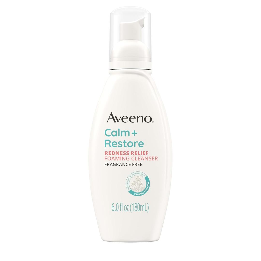 Aveeno Calm + Restore Redness Relief Foaming Cleanser, Daily Facial Cleanser With Calming Feverfew to Help Reduce the Appearance of Redness, Hypoallergenic & Fragrance-Free, 6 fl. oz