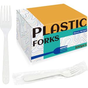 Disposable Plastic Forks White Individually Wrapped - [100 Count] Heavy Duty Bulk Plastic Silverware for Parties, Catering, Events and Daily Use (White Fork, 100pcs)