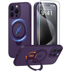 FNTCASE for iPhone 15 Pro-Max Case: [360 Spin Magnetic Stand] [Compatible with Magsafe] [Screen Protector] Translucent Matte Military Grade Shockproof Full Camera Protective Phone Cover - Purple