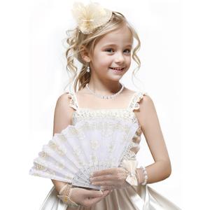 Zinniday Girls Fascinator Tea Hat - Tea Party Set for 1920s Costume Party, Off White Church Top Hats with Pearl Necklace Earring Hand Fan and Lace Gloves Set