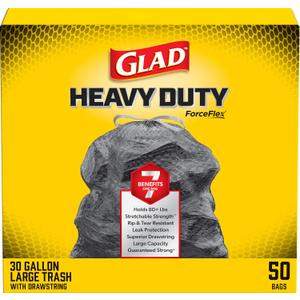 Glad ForceFlex Heavy Duty Large Drawstring Trash Bags, Hold 80+ lb, 30 Gal, 50 Ct (Package May Vary)
