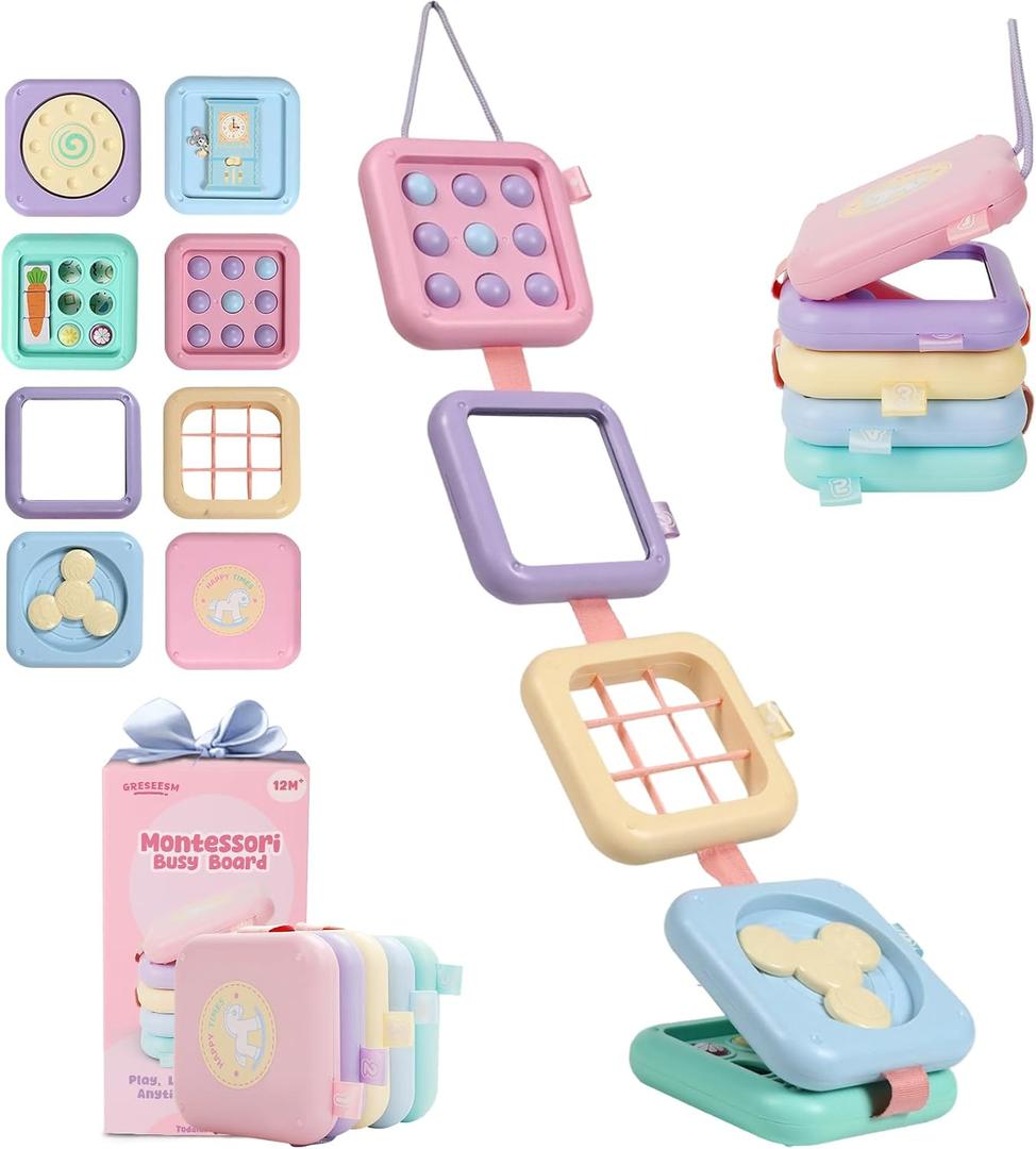 GRESEESM Montessori Toys for 1 Year Old Girls Gifts, Toddler Busy Board, Baby Learning Travel Sensory Toys for Toddlers 1-3, 1st Birthday Gifts, Easter Basket & Stocking Stuffer, Macarons, Medium Size