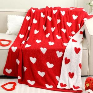 Canchiing Valentine's Day Knitted Throw Blanket 50 x 60 Inch Double Sided Reversible Red Heart Blanket Red and White Love Decor Fluffy Microfiber for Wedding Anniversary Party Gift Bed Sofa Chair
