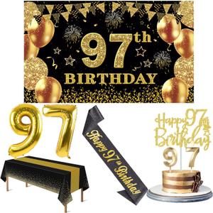 97th Birthday Decorations Men Women with 97th Birthday Banner, Black and Gold Table Cloth, Number Balloons, Large Sash, Cake Topper and Candles