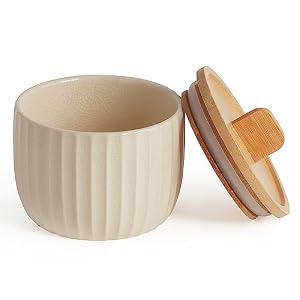 Lunavita Salt Cellar Keeper with Bamboo Lid, 14oz Big Capacity Ceramic Sugar Bowls Pepper Box, Crackle Glaze Seasoning Container Condiment Pot for Kitchen, (Cream Color), 4â€³Ã—4â€³
