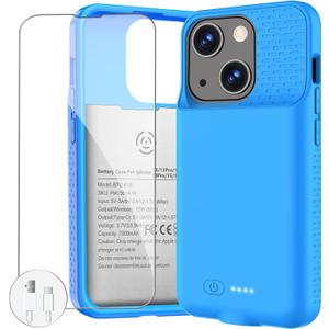 Battery Case for iPhone 13/13 Pro/14/14 Pro/15/15 Pro, Ultra-Slim Wireless Fast Charging Case Extend Rechargeable Anti-Fall Soft-TPU Charger Case for iPhone 13/13 Pro/14/14 Pro/15/15 Pro 6.1" (Blue)