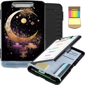 Clipboard with Storage, Clip Boards 8.5X11 with Storage & Pen Holder, Heavy Duty Plastic Nursing Clipboards Foldable, Coaches Clipboard Folder Case, School Office Supplies，Gold Moon Star
