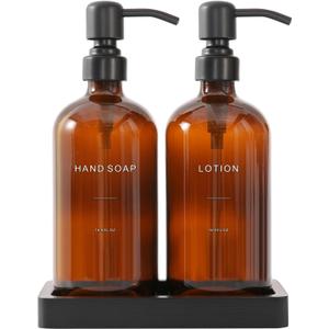 Prus Waso Amber Glass Soap Dispenser Set, Hand Soap and Lotion Set with Black Stainless Steel Pump, Perfect for Modern Bathroom Decor. (Amber)