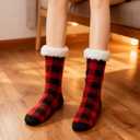 Slipper Socks for Women with Grippers, Fuzzy Christmas Socks Fluffy Cabin Cozy Winter Thick Warm Comfy Fleece Soft for Indoor Outdoor Room (One Size Wide, Red & Black Plaid)