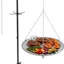 22" Fire Pit Campfire Grill Grate, Hanging Open Fire Cooking Grill Grate Portable Round Camping Cooking Barbecue Rack Heavy-Duty, Easy Setup & Adjustable Height for Outdoor Camping BBQ
