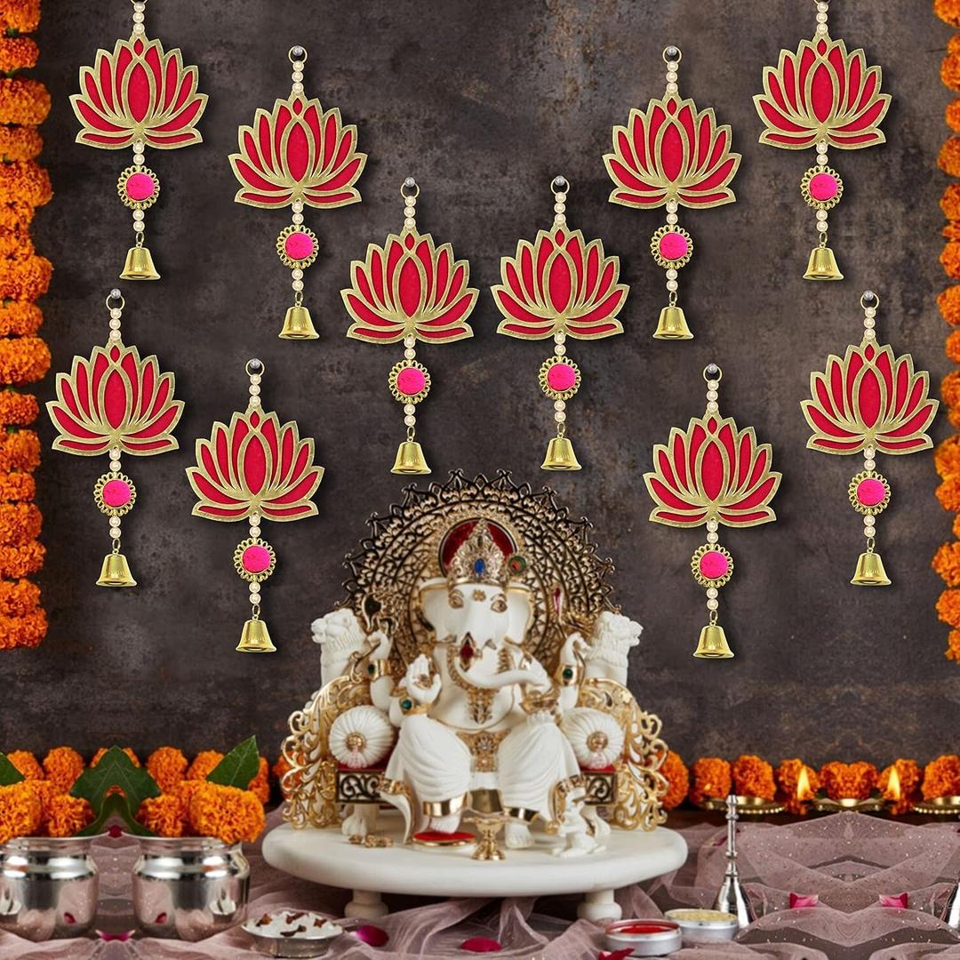 TIED RIBBONS Lotus Backdrop Hanging Pooja Decor | Plastic, 9 Inch | Set of 10 | Indian Pooja Decorations for Home, Navratri, Wedding | Puja Decoration for Home, Wedding Decorations