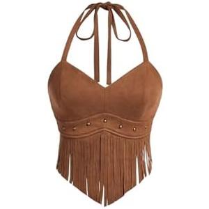 WDIRARA Women's Asymmetrical Fringe Hem Tie Backless Halter Vest Slim Fit Suede Vintage Crop Tank Tops, size extra small