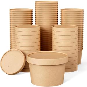 JOLLY PARTY 50pack 8oz Paper Soup Containers with Lids, Disposable Paper Food Cups, Ice Cream Cups, Food Storage with Lids, Microwavable and Freezer Safe, Suitable for Christmas Thanksgiving (Brown)