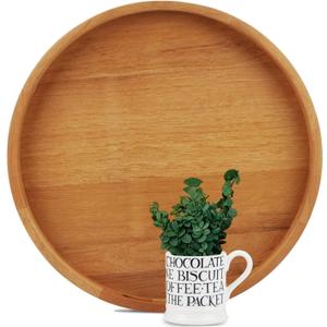 18 Inches Extra Large Round Teak Wood Ottoman Tray with Handles, Serve Tea, Coffee Classic Wooden Decorative Serving Tray