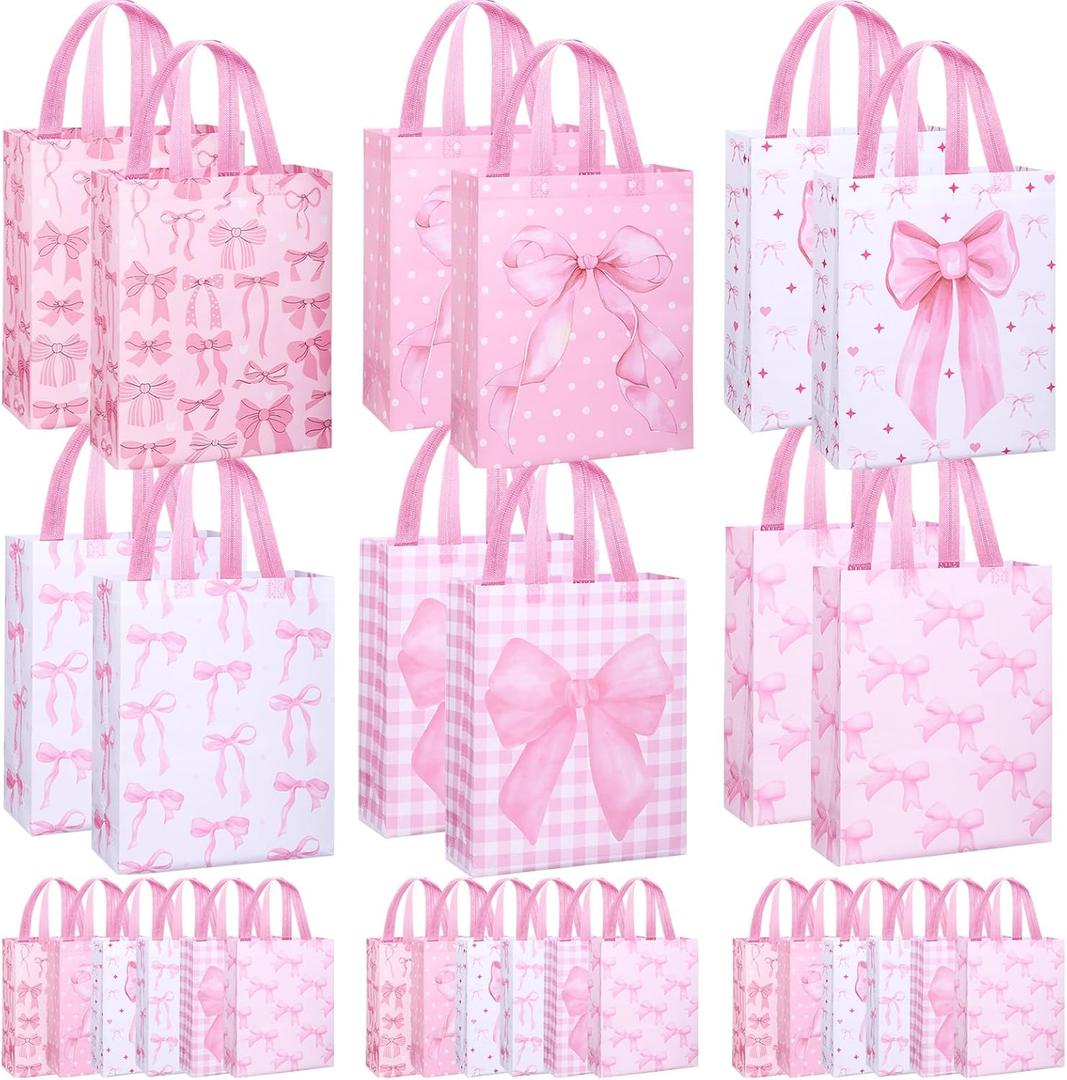 SilTriangle 30 Pcs Large Pink Bow Gift Bags Bulk, 12.6 x 9.8 x 4.4 in Reusable Non-woven Pink Tote Bags with Handles, Party Favor Bag for Birthday, Bridal Shower, Baby Shower