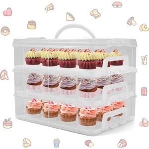 Cupcake Carrier, 3-Tiers Cupcake Containers, Holds 36 Cupcakes or 3 Large Cakes, Cupcake Holder, Cupcake Box with Lid and Handle (White, Basic)