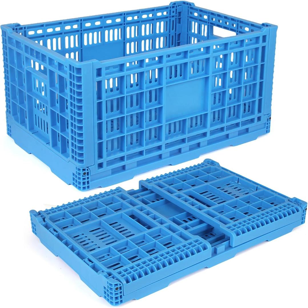 Collapsible Milk Crate, 72L Heavy Duty Plastic Storage Crate Stackable, Collapsible Crates for Storage, Space Saving for Home & Camping - Extra Large, Holds 130 lbs, Blue