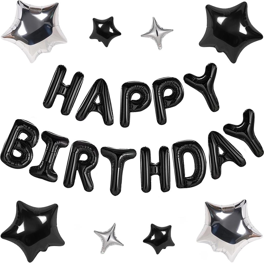 CANREVEL Happy Birthday Banner 13pcs 16 Inch Mylar Foil Letters Sign with 8pcs Star Balloons Birthday Party Decorations for Kids and Adults - 3D Black