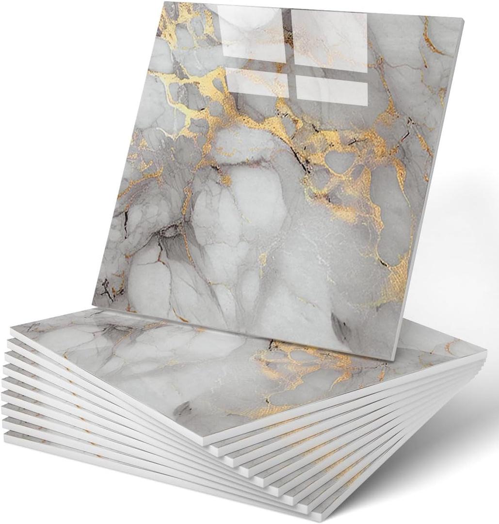 WADILE 20pcs Waterproof Peel and Stick Marble Wall Tiles, 11.8"x11.8" Self-Adhesive PVC Panels for Bathroom, Kitchen, and Living Room Gold (Not Real Tile)