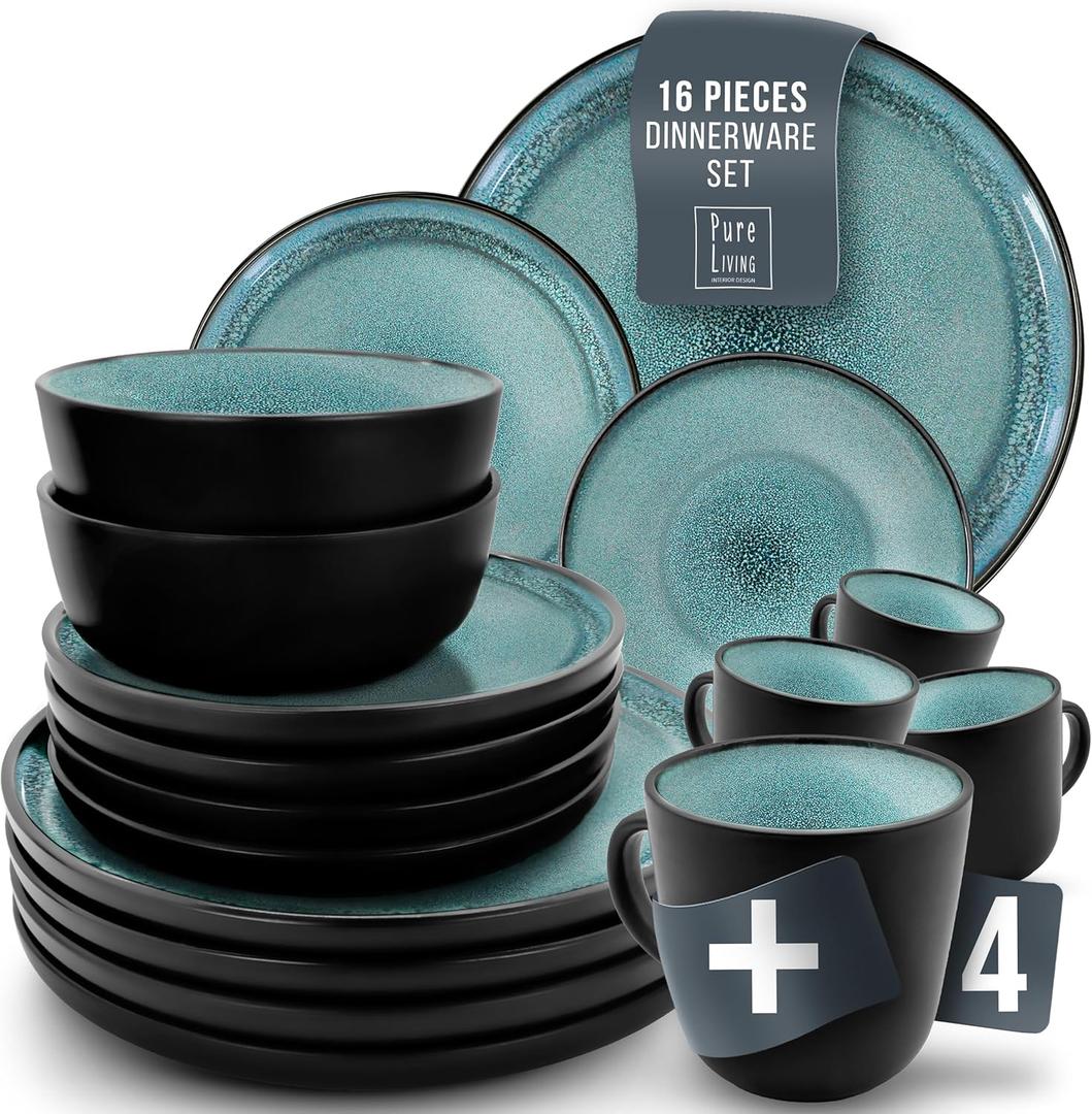 16-Piece Dinnerware and Coffee Mug Set  Modern Stoneware in Petrol Blue and Black  Service for 8, Dishwasher and Microwave Safe