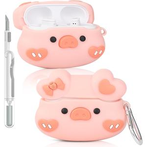 Case for Beats Studio Buds/Buds Plus Earbuds 2021/2023 with Cleaner Kit, Suublg Cute Cartoon Charging Case Protective Covers with Carabiner and Cleaning Pen (Pink Pig)
