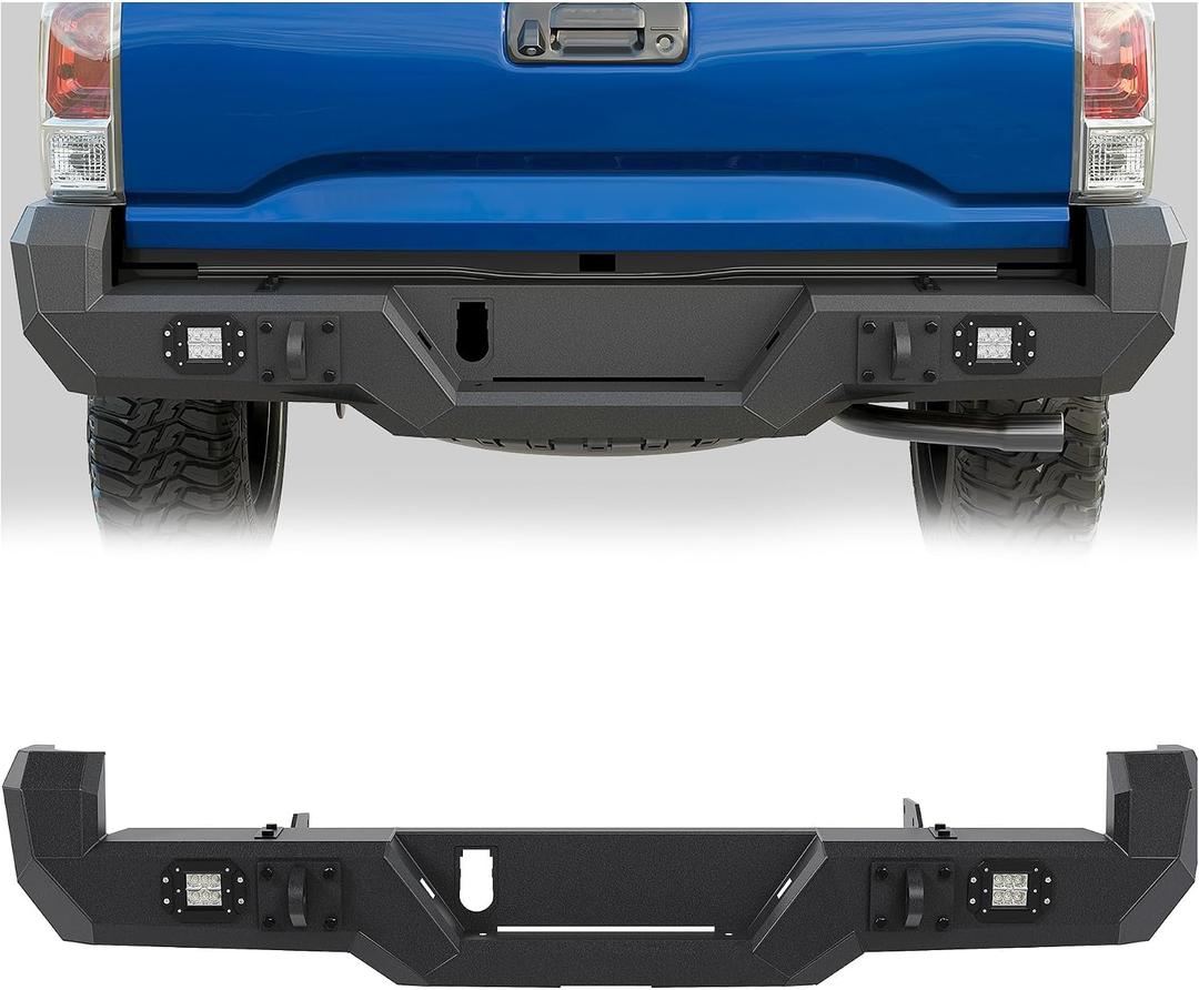 ECOTRIC Rear Bumper W/Step Plate, 2x 18W LED Lights Compatible with 2016-2023 Toyota Tacoma Full Width Pickup Trucks