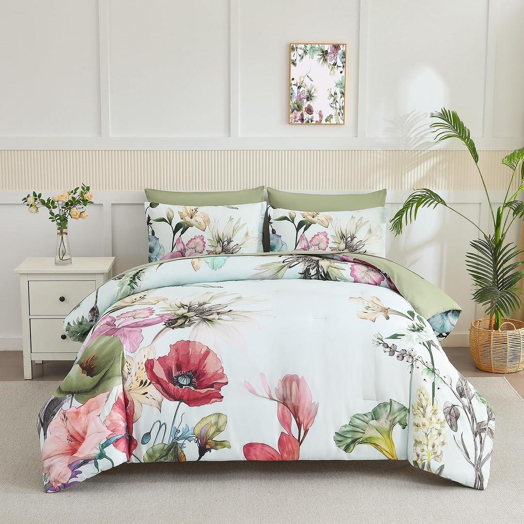 Yogeneg Queen Comforter Set 7 Piece Bed in a Bag,Elegant Floral Botanical Pattern Green Bedding Set,Soft Microfiber Comforter with Sheet Set,All Season Bed Set(Green Floral,Queen)