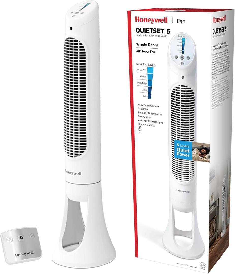 Honeywell QuietSet Whole Room Oscillating Tower Fan with Remote, White, HYF260, Filter