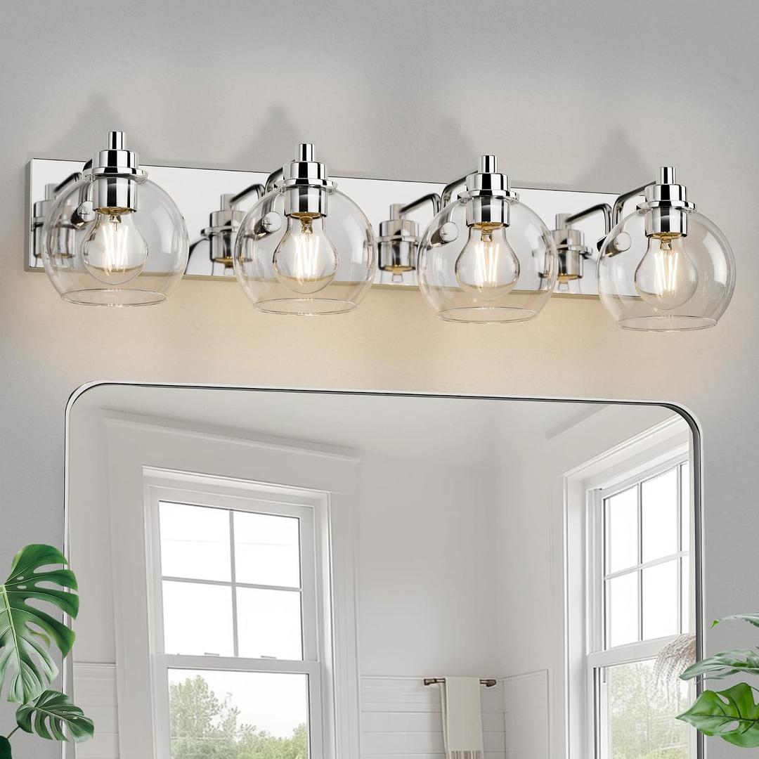 4 Light Bathroom Light Fixtures-Chrome Bathroom Vanity Lights, Modern Vanity Lights 4-Light Bathroom Lighting Fixtures Over Mirror with Clear Glass Globe Shade